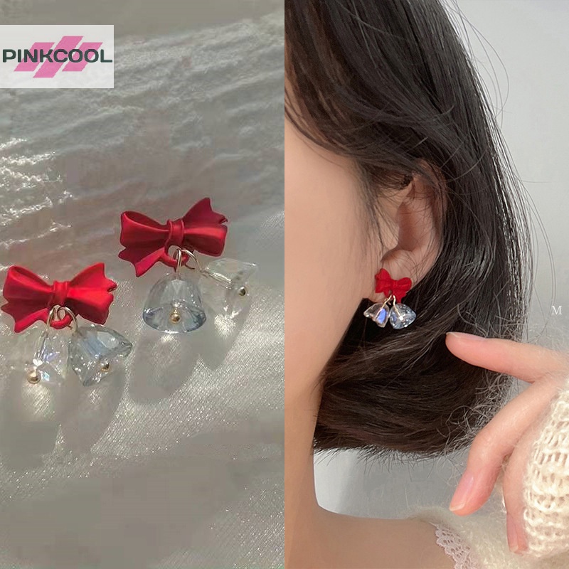 Pinkcool ต่างหูสตั๊ด ประดับโบว์ คริสตัล สีแดง ของขวัญคริสต์มาส ระดับไฮเอนด์ สําหรับปีใหม่ ฤดูใบไม้ร่วง ฤดูหนาว