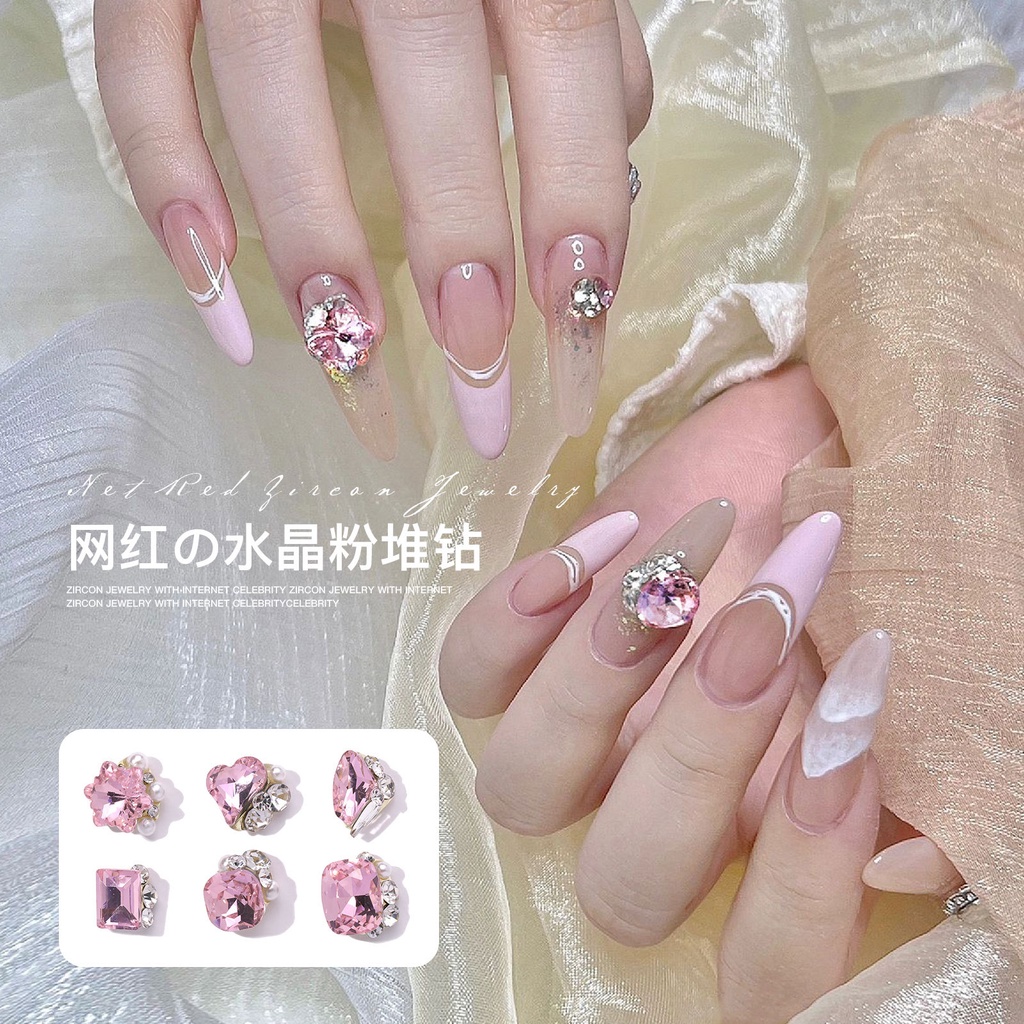 สไตล์ใหม่ คริสตัล สีชมพู ซ้อนกัน เพชร อุปกรณ์เล็บ คดเคี้ยว หัวใจ อ้วน สี่เหลี่ยม ยาว ขวา ซ้อนกัน เพชร อุปกรณ์เล็บ เพชร ขายส่ง