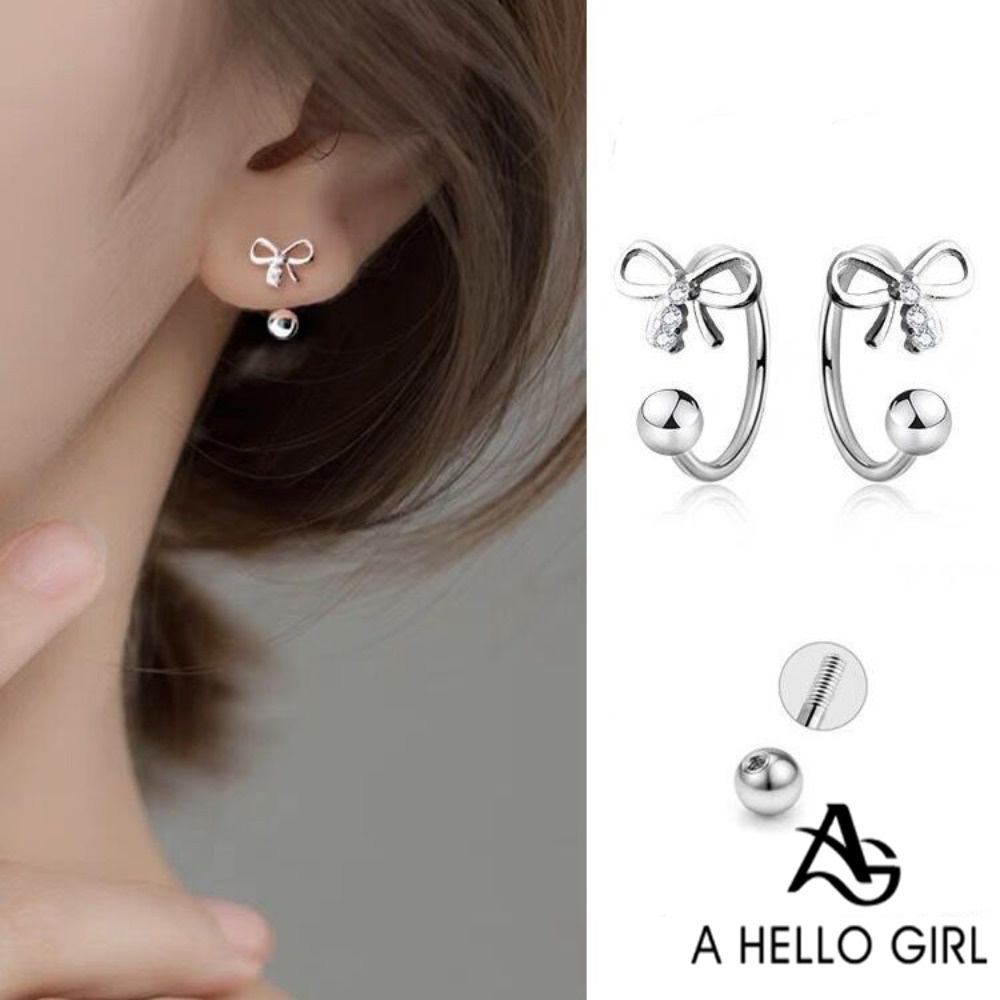 A HELLO GIRL ต่างหู รูปตัว U 925 ประดับโบว์ ไม่ต้องถอด อเนกประสงค์ แบบเรียบง่าย สําหรับผู้หญิง