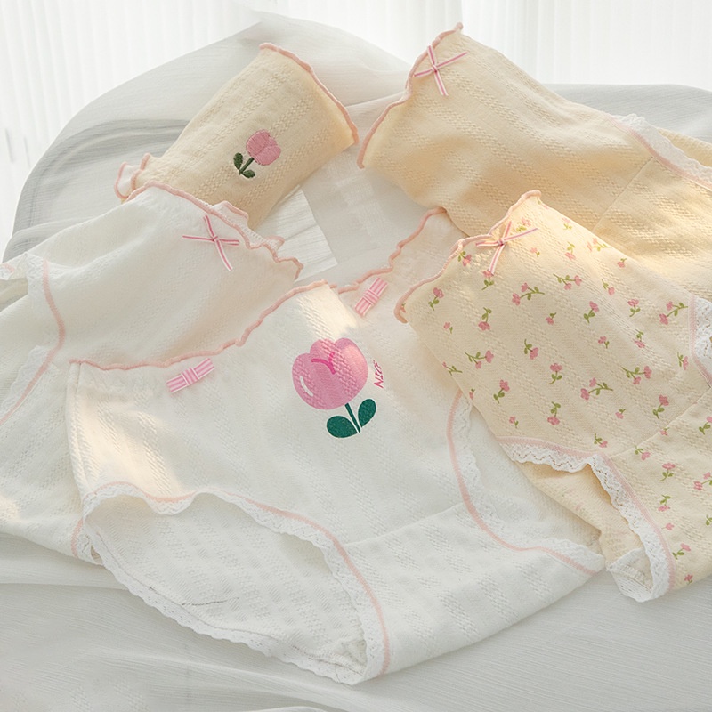 Cute Panties Panties กางเกงชั้นใน ผ้าฝ้าย พิมพ์ทิวลิปเอวกลาง 5A ป้องกันแบคทีเรียสําหรับเด็กผู้หญิง