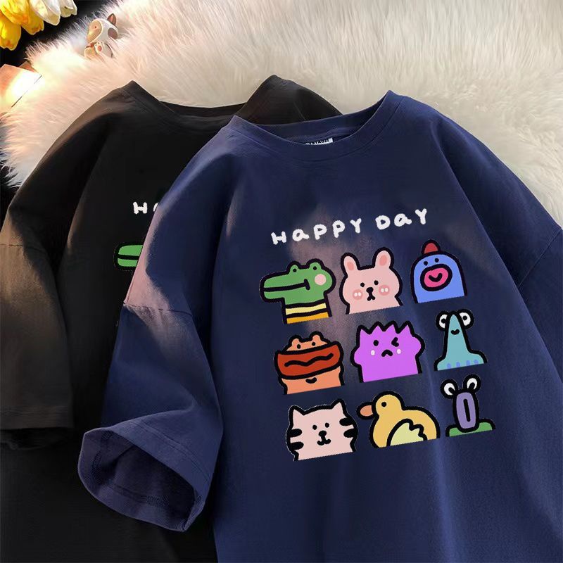 【เสื้อยืดเด็ก】เสื้อยืดคอกลม แขนสั้น ผ้าฝ้าย พิมพ์ลายการ์ตูนน่ารัก สไตล์เกาหลี สตรีท ทรงหลวม (1-13 ปี)