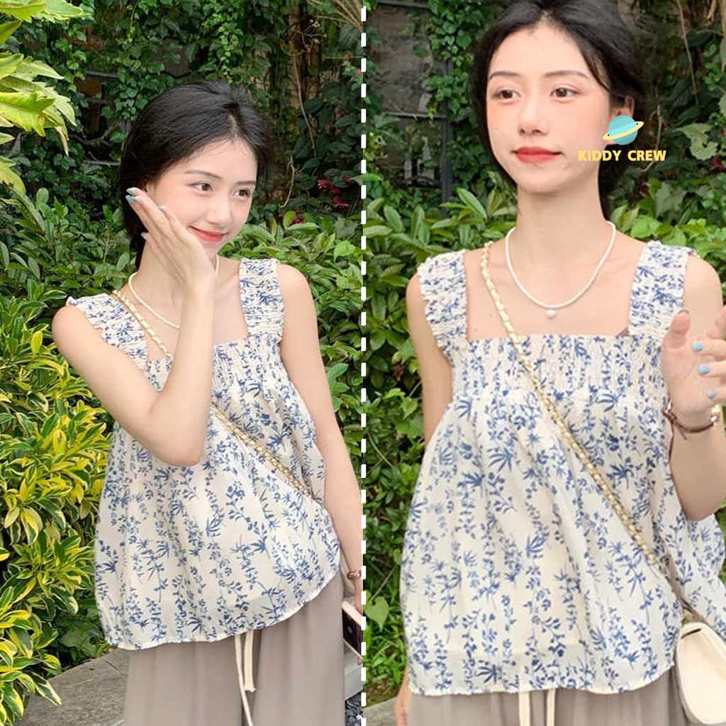 สายเดี่ยวแนวเกาหลี เสื้อคอกระเช้าเเขนกุดลายดอกไม้ สีน่ารัก