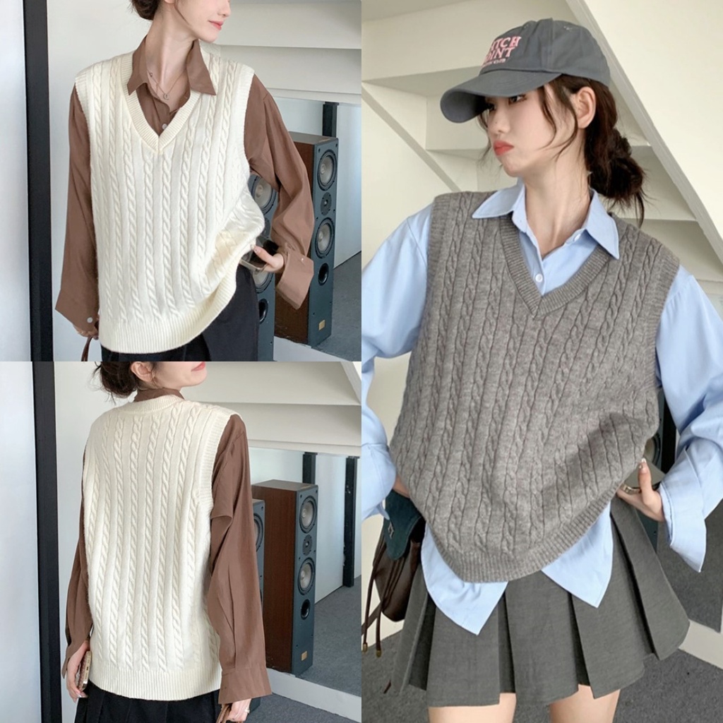 ราคาถูกที่สุด เสื้อกั๊ก แขนกุดคอวี ไหมพรมนิ่มลายเกลียวสลับเรียบ 4 สี