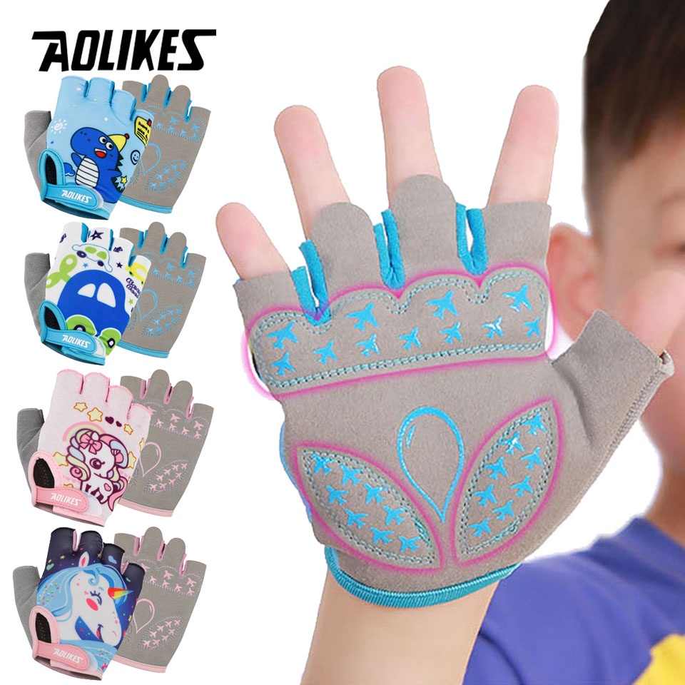 Aolikes ถุงมือขี่จักรยาน แบบครึ่งนิ้ว กันลื่น สําหรับเด็กผู้ชาย และเด็กผู้หญิง