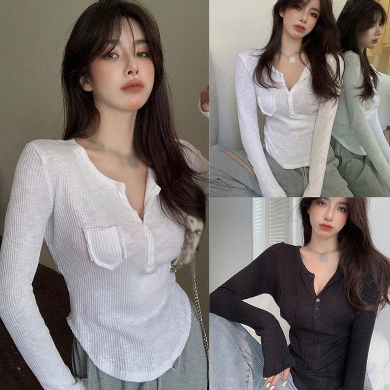 mimi&didi เสื้อแขนยาวคอวี เสื้อยืดกระดุมหน้าผ้าร่องสลาฟแขนยาว แฟชั่นสไตล์เกาหลี ทรงเข้ารูป สีทึบ#2595