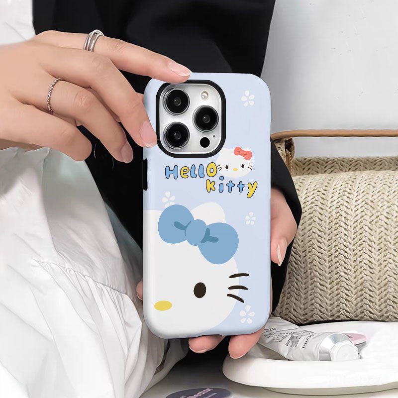 เคสโทรศัพท์มือถือแบบแข็ง สองชั้น ลายเฮลโลคิตตี ผูกโบว์ แวววาว สําหรับ Iphone 15Promax 14 13 12 11 XSMAX XR XS 7Plus 8Plus