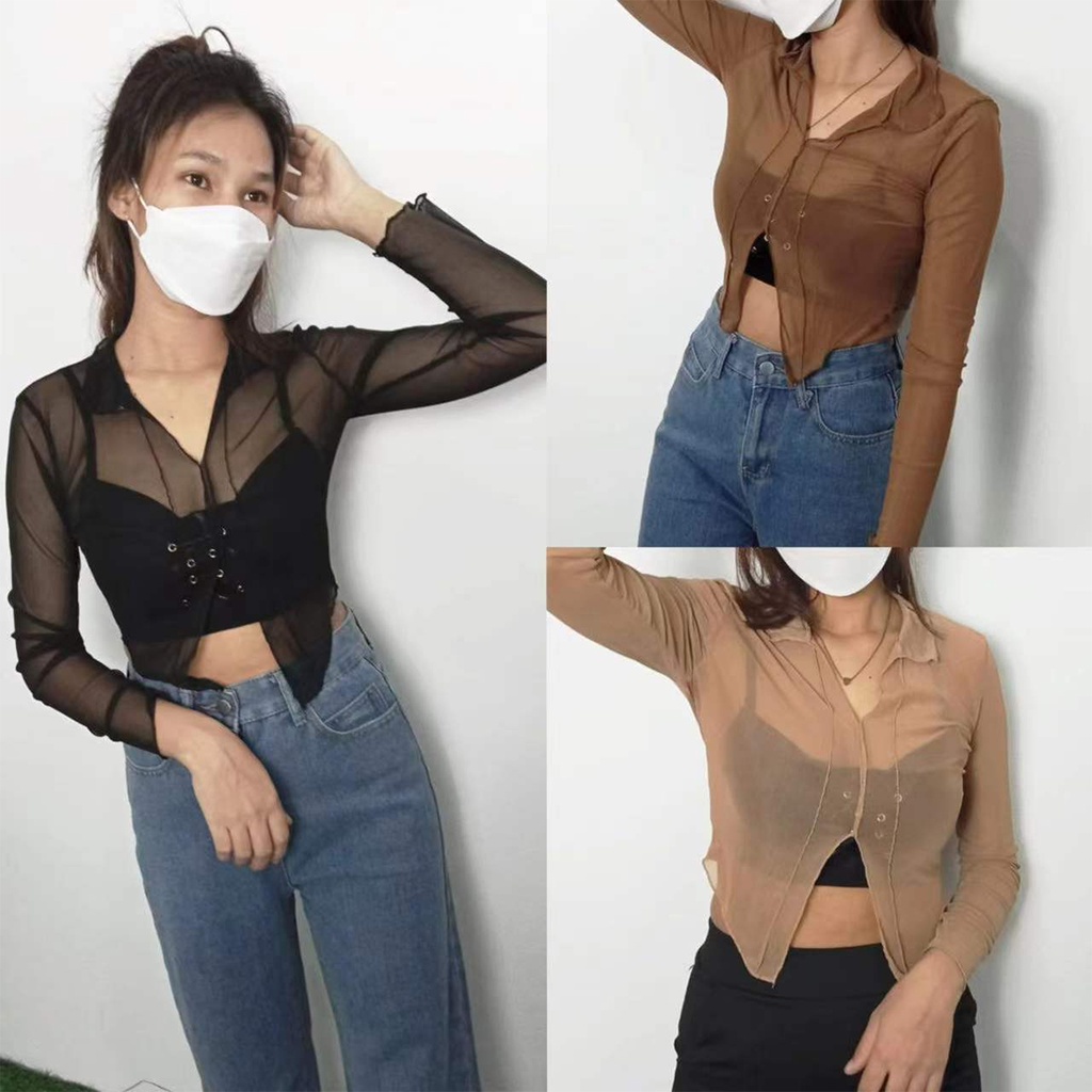 เสื้อครอปคอปก ซีทรู ผ้าตาข่ายซีทรูดีเทลดูแพงค่ะ