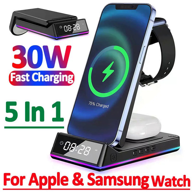 5 In 1 30W พับ Wireless Charger Stand RGB Dock นาฬิกา LED Fast Charging Station สําหรับ Samsung Galaxy นาฬิกา 5/4 S22 S21 โทรศัพท์ 15 15Pro 15Promax 14Pro 14Promax 13 13pro 13pro 13pro