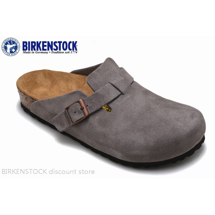 Birkenstock Boston รองเท้าแตะ ลําลอง สําหรับผู้ชาย ผู้หญิง สีเทา ติดประดับขน สไตล์คลาสสิค ไซส์ 34-46