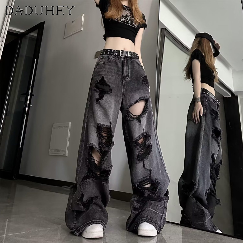 DaDuHey American Retro Tattered Jeans Slightly Flared Black Jeans Women's Fashion Brand High Street Slimming Loose Straight Pants