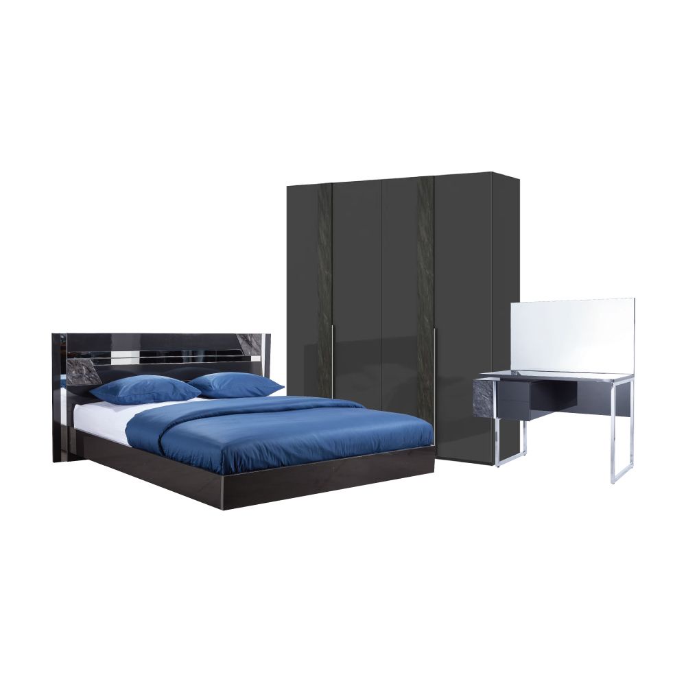 INDEX LIVING MALL ชุดห้องนอน รุ่นบร๊องซ์พลัส ขนาด 6 ฟุต (เตียง, ตู้เสื้อผ้า 4 บาน, โต๊ะเครื่องเเป้ง) - สีเทาเข้ม/หินอ่อน