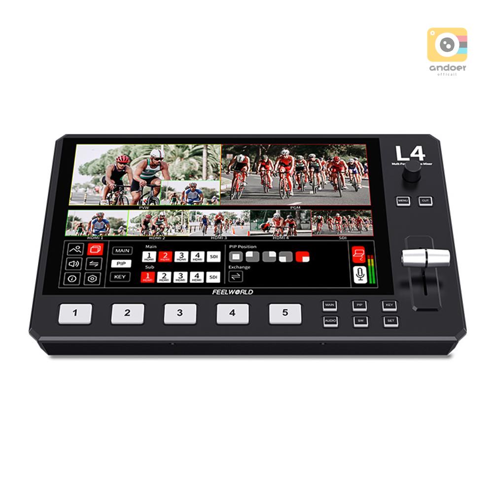 Feelworld L4 สวิตช์มิกเซอร์วิดีโอ หลายรูปแบบ พร้อมหน้าจอสัมผัส 10.1 นิ้ว อินพุต HDMI 4 ชิ้น เอาท์พุต