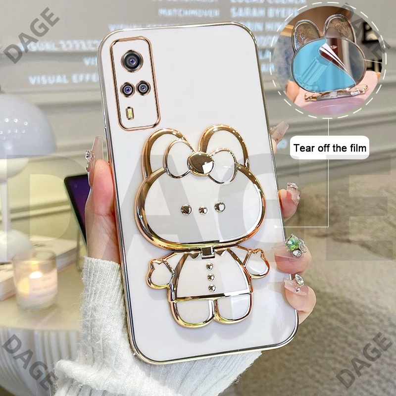 เคสโทรศัพท์มือถือ ลายการ์ตูนกระต่าย พร้อมกระจกแต่งหน้า และขาตั้ง หรูหรา สําหรับ VIVO Y51A Y51S Y53S 4G Y33 Y31 Y51 2020 2021
