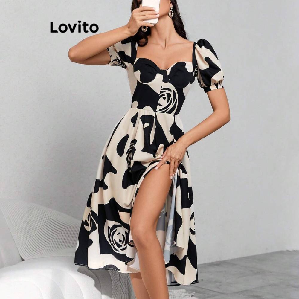 Lovito ชุดเดรสผู้หญิง มีโครง แขนพอง แบบเย็บต่อ ลายเรขาคณิต สไตล์โบโฮ LBL07099