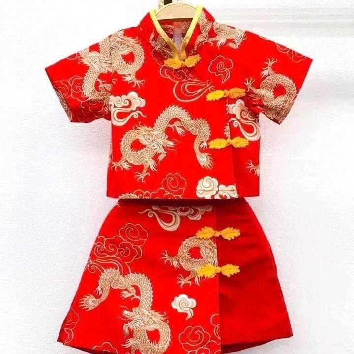 พร้อมส่งชุดเซ็ทเด็ก ตรุษจีน ลายมังกร เสื้อคอจีน+กางเกงกระโปรง 1953