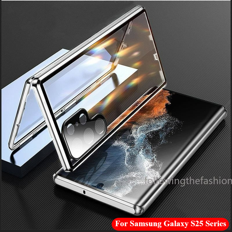 ปลอกสําหรับ Samsung Galaxy S25 Ultra 5G S245+ S 25 24 Plus FE 2025 เคสโทรศัพท์ 360° โลหะแม่เหล็กกันกระแทกเต็มรอบทิศทาง ความละเอียดสูง กระจกเหนียวกล้องเลนส์ป้องกันพลิกล็อคปก