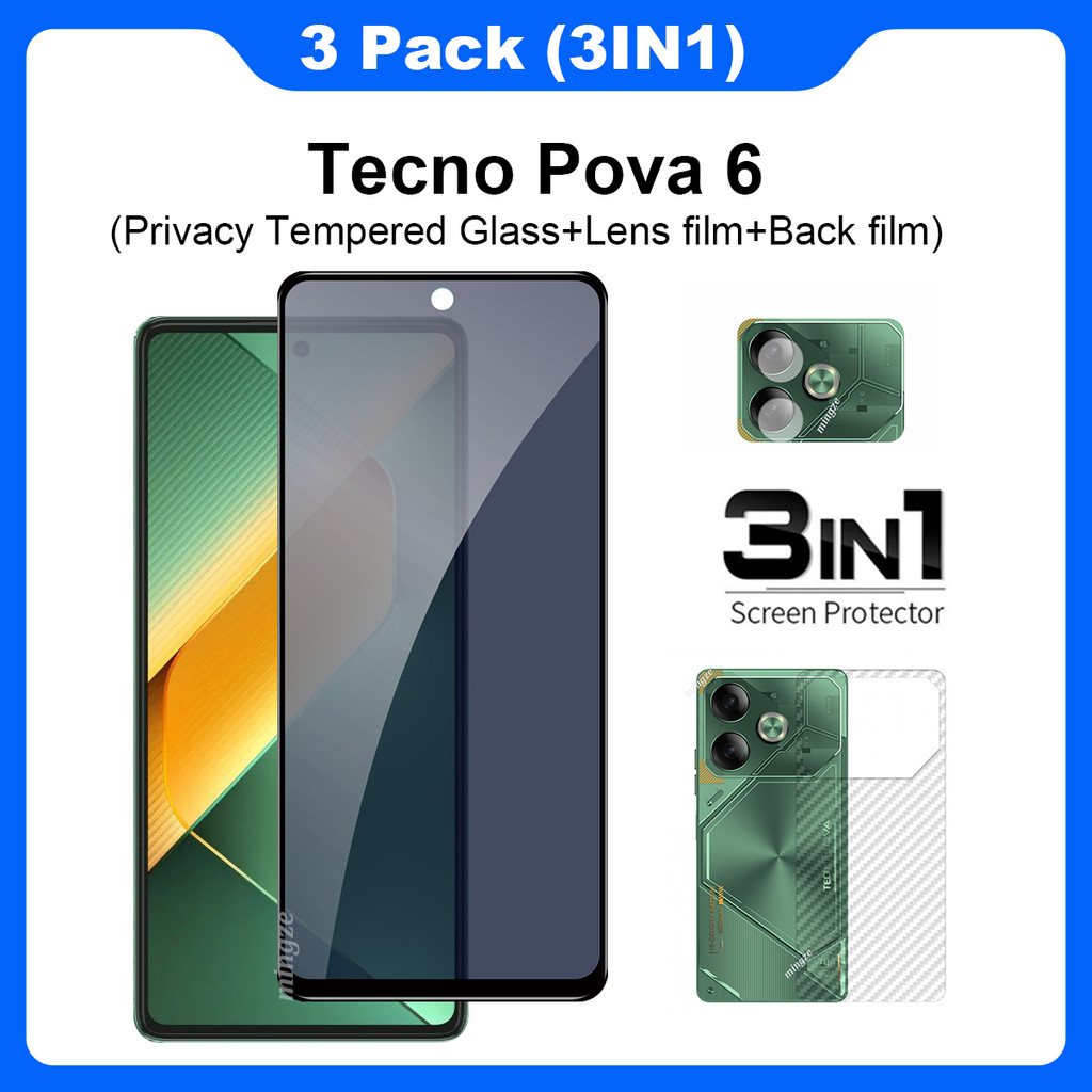 3 in 1 Matte Privacy Glass สําหรับ Tecno Pova 6 Neo Pro 5G หน้าจอป้องกันฟิล์มกระจกนิรภัย + ฟิล์มด้านหลัง + ฟิล์มเลนส์กล้อง