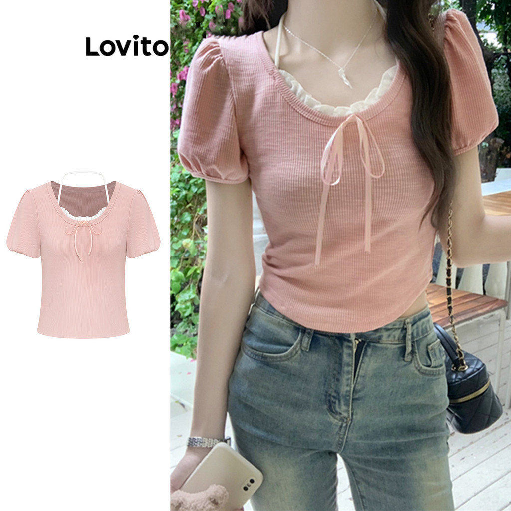 Lovito เสื้อยืดผู้หญิง แพทช์เวิร์ก เย็บแต่งหลอกสองชั้น ผูกเชือก ขอบหยัก สไตล์หรูหรา L92AD944