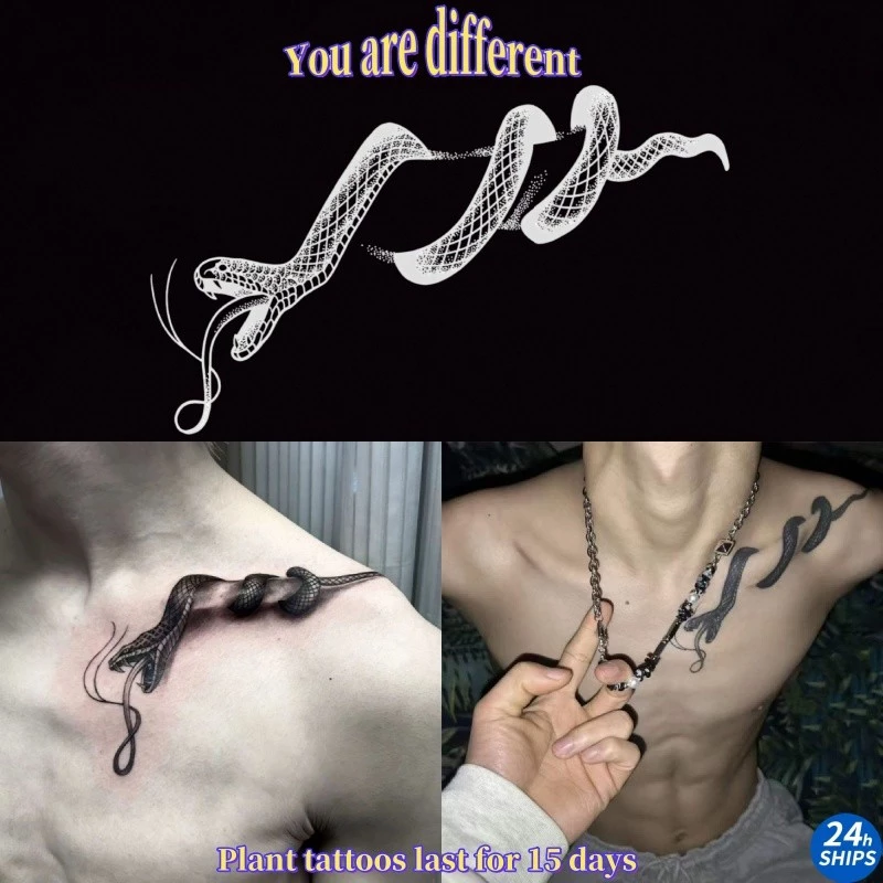 สีดําวิญญาณงูรูปแบบกระดูกไหปลาร้าพืชสักสติกเกอร์รอยสักกันน้ําติดทนนาน15วันสติกเกอร์ผิวรอยสักปลอมชั่วคราว