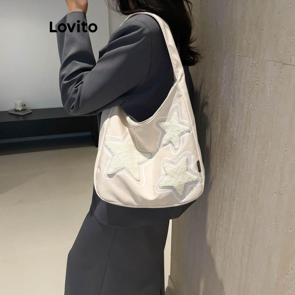 Lovito กระเป๋าสะพายไหล่สำหรับนักเรียน Y2K ที่มีความจุสูง ลายดาวน่ารักสำหรับผู้หญิง LFA56143