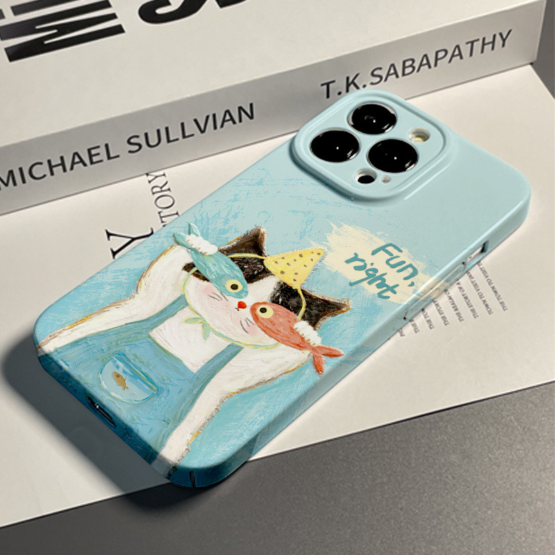 การ์ตูนลายกราฟฟิตีแมวและปลาน่ารักเคสโทรศัพท์แบบหุ้มทั้งตัวสำหรับ iPhone 15 16 13PROMAX 7/8 PLUS 11PROMAX กันกระแทก14PLUS 13Pro xsmax เคสซิลิโคน14PROMAX XR