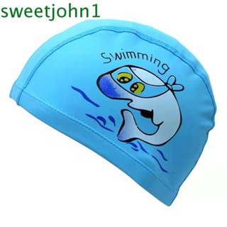 Sweetjohn หมวกว่ายน้ํา หนัง PU กันน้ํา ลายการ์ตูนโลมา สําหรับเด็กผู้ชาย และเด็กผู้หญิง