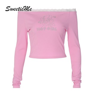 Sweeticme ใหม่ เสื้อครอปแขนยาว เปิดไหล่ เข้ารูป ประดับเพชร แฟชั่นสําหรับผู้หญิง 2023