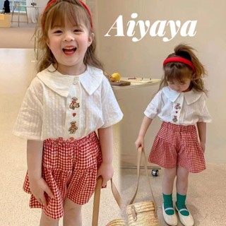 Aiyaya เสื้อผ้าเด็กผู้หญิง ชุดเซ็ทเด็ก เสื้อเชิ้ต+กางเกงขาสั้นลายสก๊อต ชุด2ชิ้น ผ้าฝ้ายแท้ แฟชั่นฤดูร้อน สําหรับเด็กผู้หญิง （810）