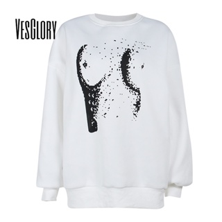 Vesglory เสื้อกันหนาวลําลอง แขนยาว คอกลม ทรงหลวม พิมพ์ลาย สีตัดกัน แฟชั่นสําหรับสตรี 2023