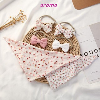 Aroma ผ้ากันเปื้อนเด็กทารก เด็กผู้หญิง ทารก พิมพ์ลายดอกไม้ โบว์ ที่คาดผม ปรับได้ ให้อาหาร ผ้าขนหนู