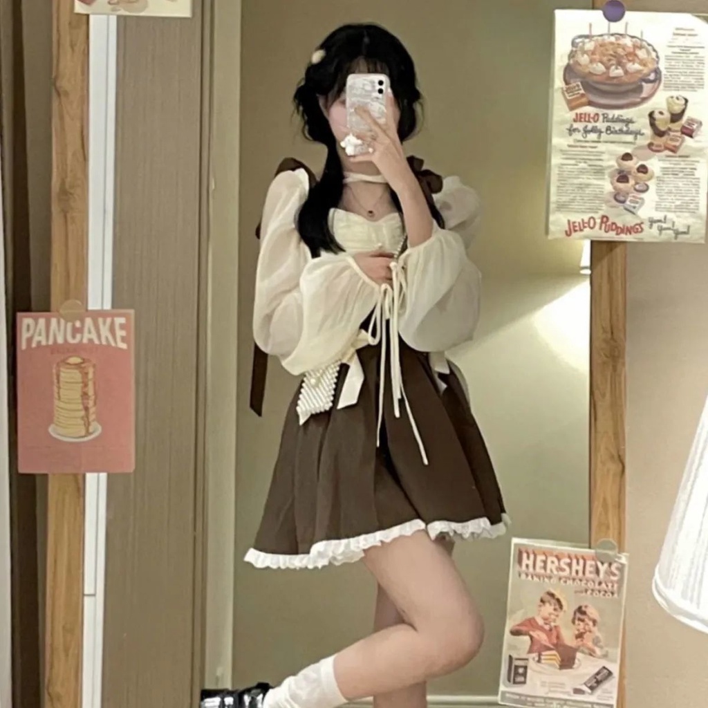 ลูกไม้-ขึ้น+แขนยาวโบว์เสื้อฝรั่งเศสกระโปรงสั้นเสื้อผู้หญิงซอกหวานแขนโคมไฟนมสองชิ้นความรู้สึกการออกแบบ 7เอฟพี9