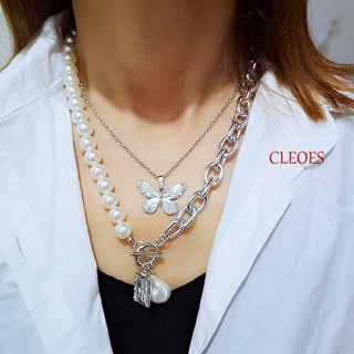Cleoes สร้อยคอมุก หลายชั้น สําหรับผู้หญิง สีทอง สีเงิน เครื่องประดับภาพบุคคล สร้อยคอผีเสื้อ