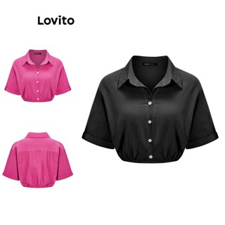 Lovito เสื้อเบลาส์ลําลอง คอปก ติดกระดุม สําหรับผู้หญิง L62ED015 (สีชมพู/ดํา)