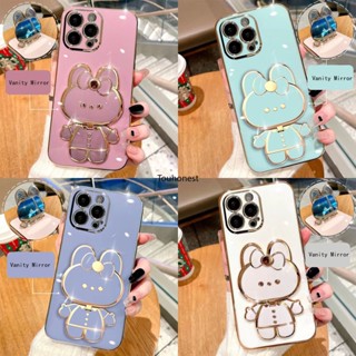 เคส For Apple เคสไอโฟน iPhone 14 Pro Max เคส iPhone 15 Pro Max Casing iPhone 14 Plus Case iPhone 15 Plus Cassing iPhone 7 Case iPhone 8 Case iPhone SE Case Cute Bunny Bracket Cartoon Stand Vanity Mirror Rabbit Holder Phone Cover Case KT โทรศัพท์มือถือ