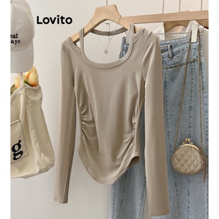 Lovito เสื้อยืด เซ็กซี่ สีพื้น สําหรับผู้หญิง LNE24048 (สีกากี/ขาว/ดํา)