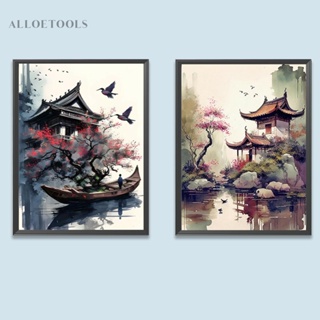 [alloetools.th] ภาพวาดปักเพชร ทรงกลม ลายภูมิทัศน์หมึก 5D ขนาด 30X40 ซม. DIY สําหรับตกแต่งภูมิทัศน์ 2 ชิ้น