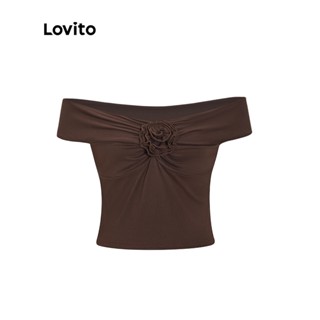 Lovito เสื้อเปิดไหล่ สีพื้น หรูหรา สำหรับผู้หญิง L56ED056 (สีน้ำตาล)