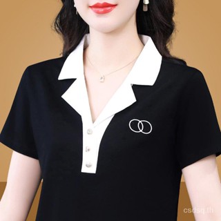 เสื้อยืดแขนสั้น คอปก แบบบาง ทรงหลวม แฟชั่นฤดูร้อน สําหรับผู้หญิงวัยกลางคน 2023
