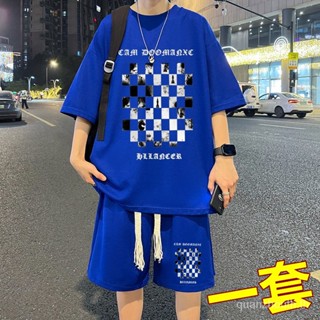 ชุดกีฬา เสื้อแขนสั้น กางเกงขาสั้น ลําลอง ลายวาฟเฟิล เหมาะกับฤดูร้อน เข้าได้กับทุกชุด สําหรับผู้ชาย สุดเท่ มีสองชิ้น