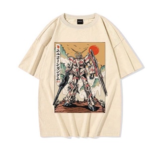 เสื้อผ้า Mobile Suit Gundam Anime Unicorn เสื้อยืดแขนสั้นคอกลมผ้าฝ้ายแท้ พิมพ์ลาย