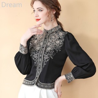 Heavy silk-like shirt Womens Spring New Gong Yanfeng heavy industry embroidery top high-end silk-like shirt