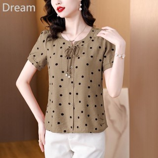 Polka dot printing cotton and linen short-sleeved shirt womens summer new western style age-reducing flesh-covering shirt fashionable thin shirt