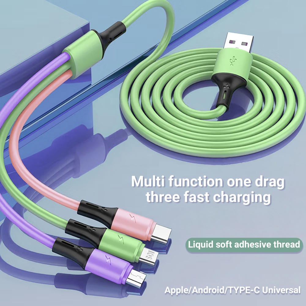 สายชาร์จเร็ว 3in1 3หัว 2.1A 1.2M Fast Charge สายชาร์จสำหรับ For iPhone ชาร์จ USB C/Micro พอร์ตไนลอน 