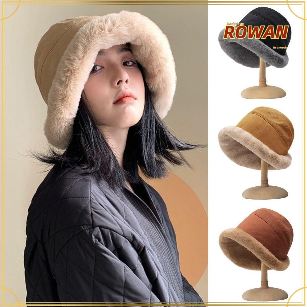 Rowans หมวกบักเก็ต ผ้ากํามะหยี่ขนนิ่ม ขนเฟอร์เทียม สไตล์ชาวประมง แฟชั่นฤดูหนาว สําหรับผู้หญิง