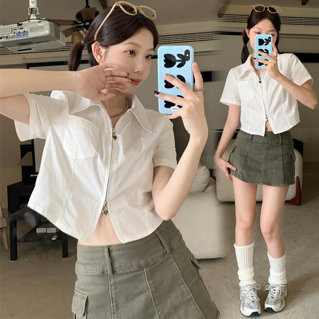 KOKO เสื้อเชิ้ตครอป เสื้อวินเทจแฟชั่นน่ารัก แขนสั้น คอปก สไตล์เกาหลี หลวม มินิมอล สําหรับผู้หญิง