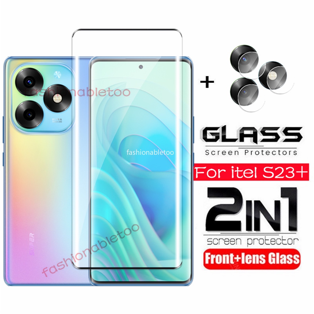 2 in 1 ป้องกันหน้าจอกระจกนิรภัยฟิล์มสําหรับ itel S25 Ultra S23+ S 23 A70 A80 S24 iteelS25Ultra itelS23+ itelA80 itelS24 กล้องกลับเลนส์ป้องกันกระจกคลุมทั้งหมดฟิล์มด้านหน้า