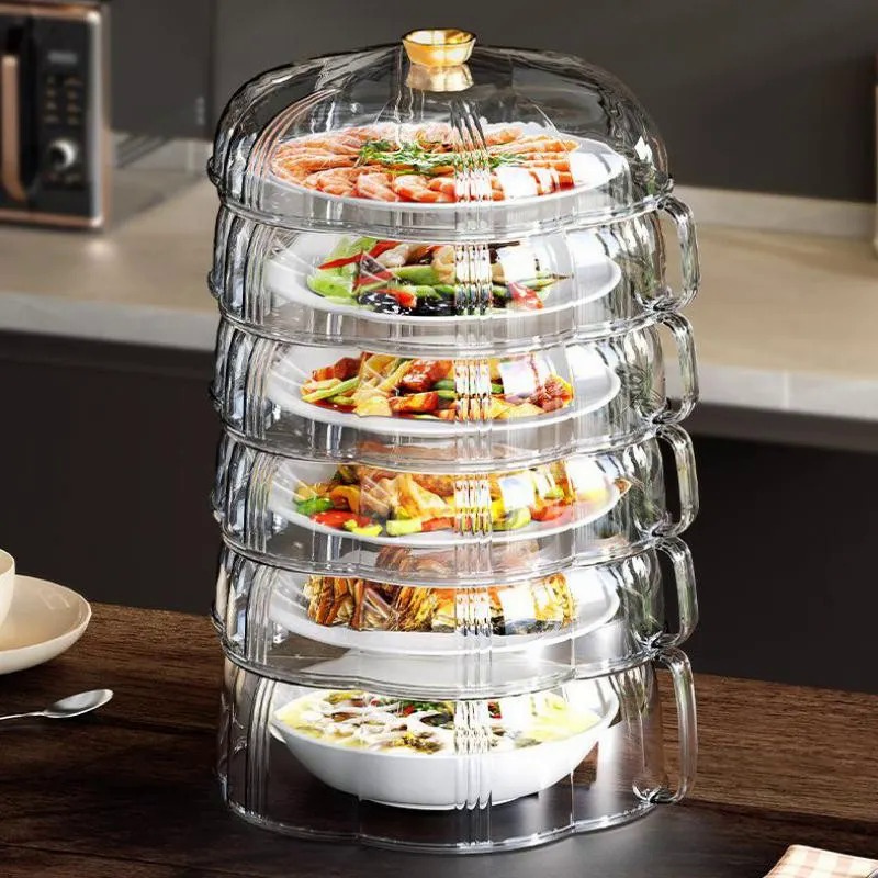 Multifunctional 3/4/5 Layer Food Cover Stackable Transparent Heat Preservation Plastic Lid Organizer