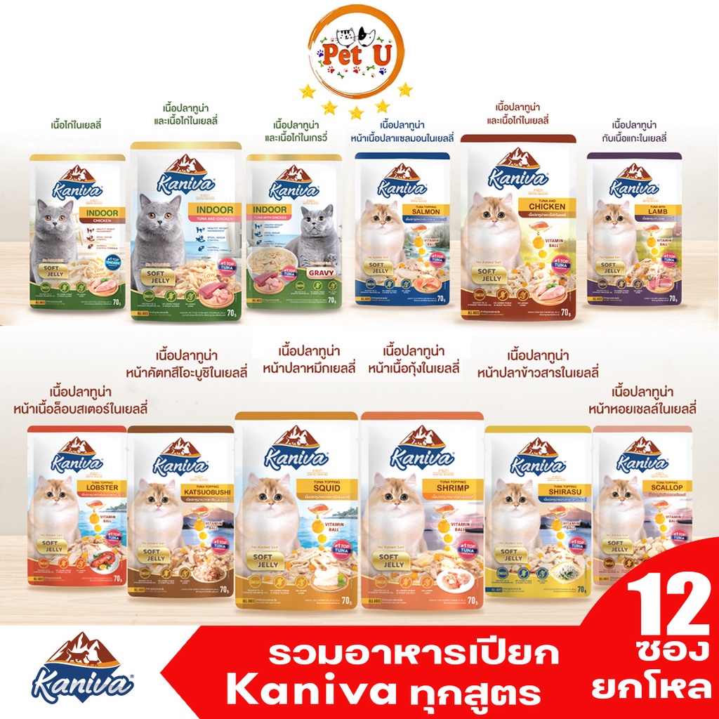 [ยกโหล] 70gx12ซอง Kaniva คานิวา อาหารเปียกแมว ในเนื้อ Jelly/Gravy รวมทั้งหมด 12 สูตร ถูกในคน รู้ในแมว โซเดียมต่ำไม่เค็ม!