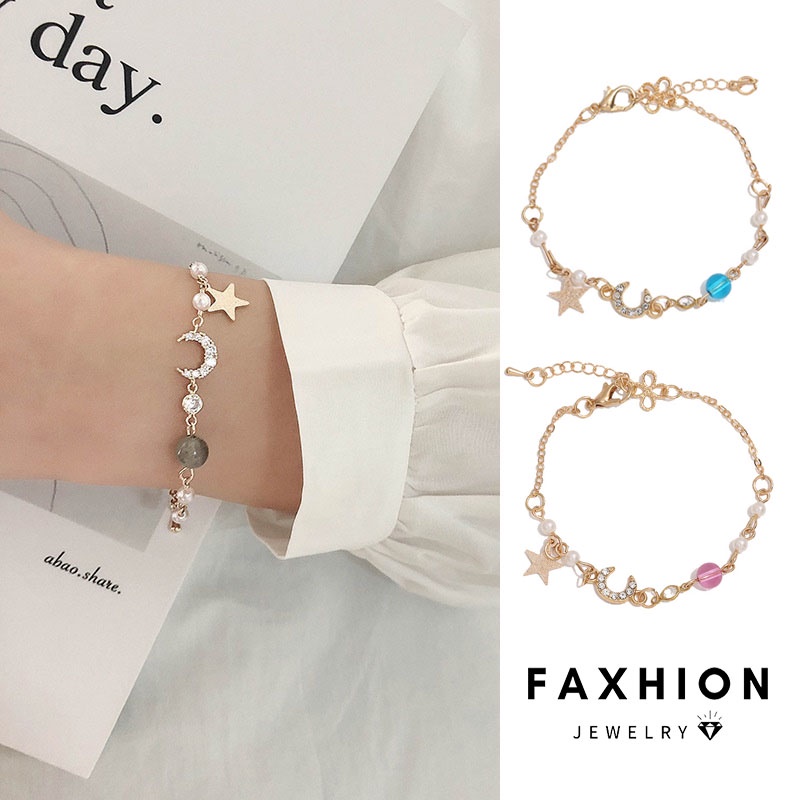 Faxhion แฟชั่น ดาว ดวงจันทร์ ดอกไม้ สร้อยข้อมือ ลูกปัดคริสตัล โซ่ทอง สร้อยข้อมือ สําหรับผู้หญิง เครื่องประดับ อุปกรณ์
