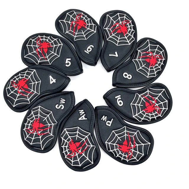9pcs/set White/Black/Red Optional PU Leather with Spider Embroidery Golf Club Iron Head Cover 4,5,6,